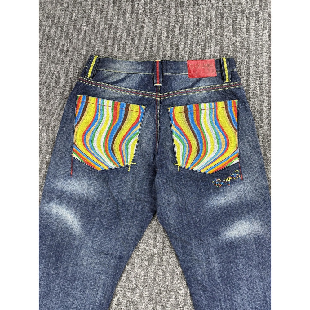 Coogi Jeans Mens 34x33 Blue Relaxed Straight Striped Pocket Embroidered Denim